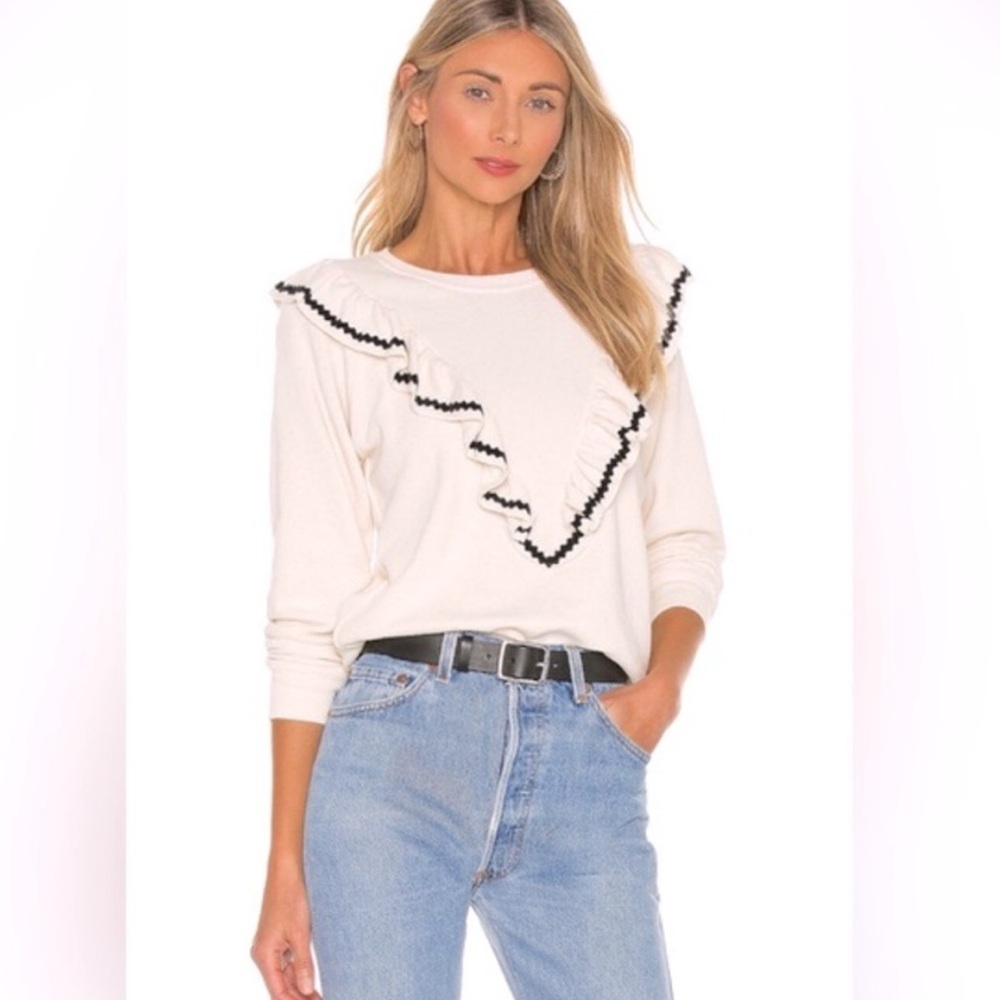 THE GREAT Ruffle Sweatshirt in Washed White Black Ruffle Crewneck‎
